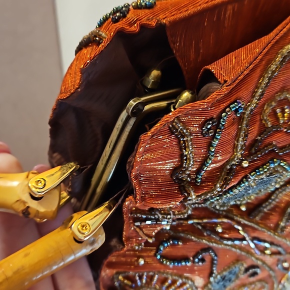 Vintage beaded metal and lurex accents bamboo handle purse clutch bag - Picture 7 of 15